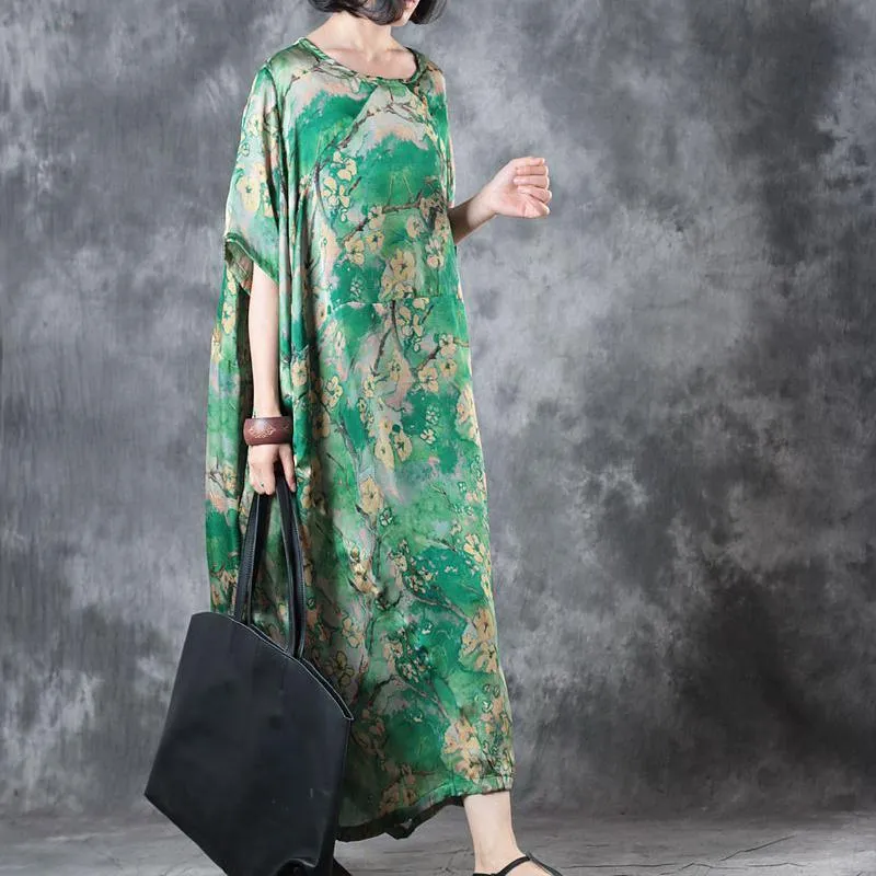 2018 green floral natural silk dress Loose fitting O neck baggy dresses traveling clothing Elegant short sleeve silk long dresses