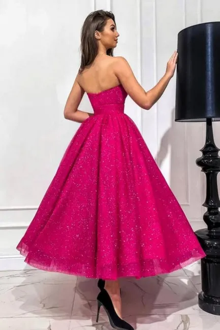 Attractive Fuchsia A-line Sweetheart Strapless Sequined Prom Dress