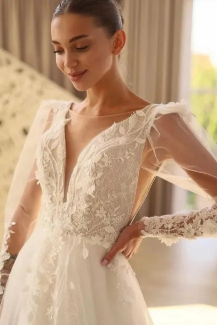 Beautiful Long A-line V-neck Lace Tulle Wedding Dress With Long Sleeves