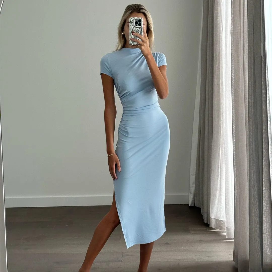 BEYLA Baby Blue Crew Neck Short Sleeve Fitted Midi Dress