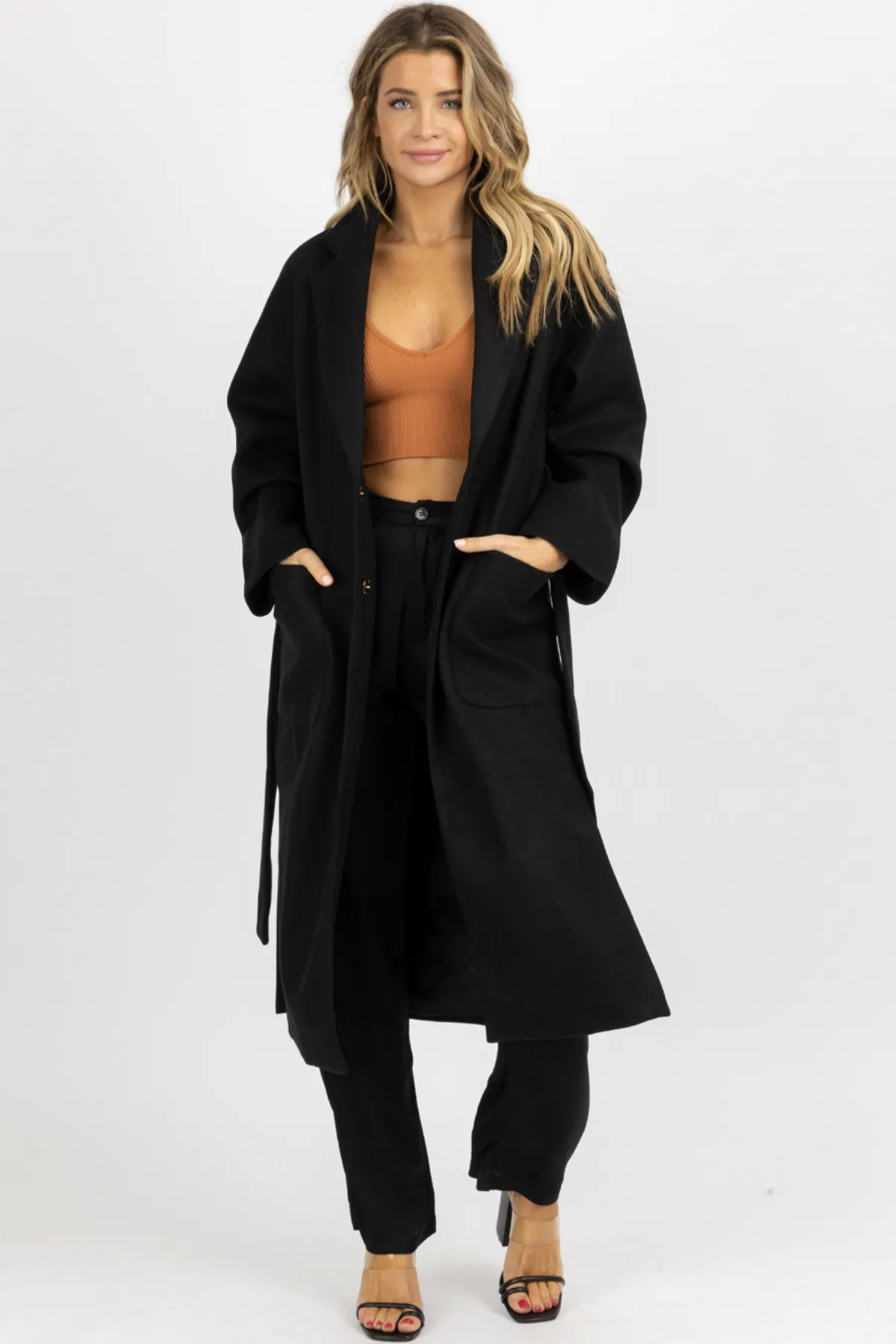 BLACK OVERSIZE BELTED TRENCH COAT