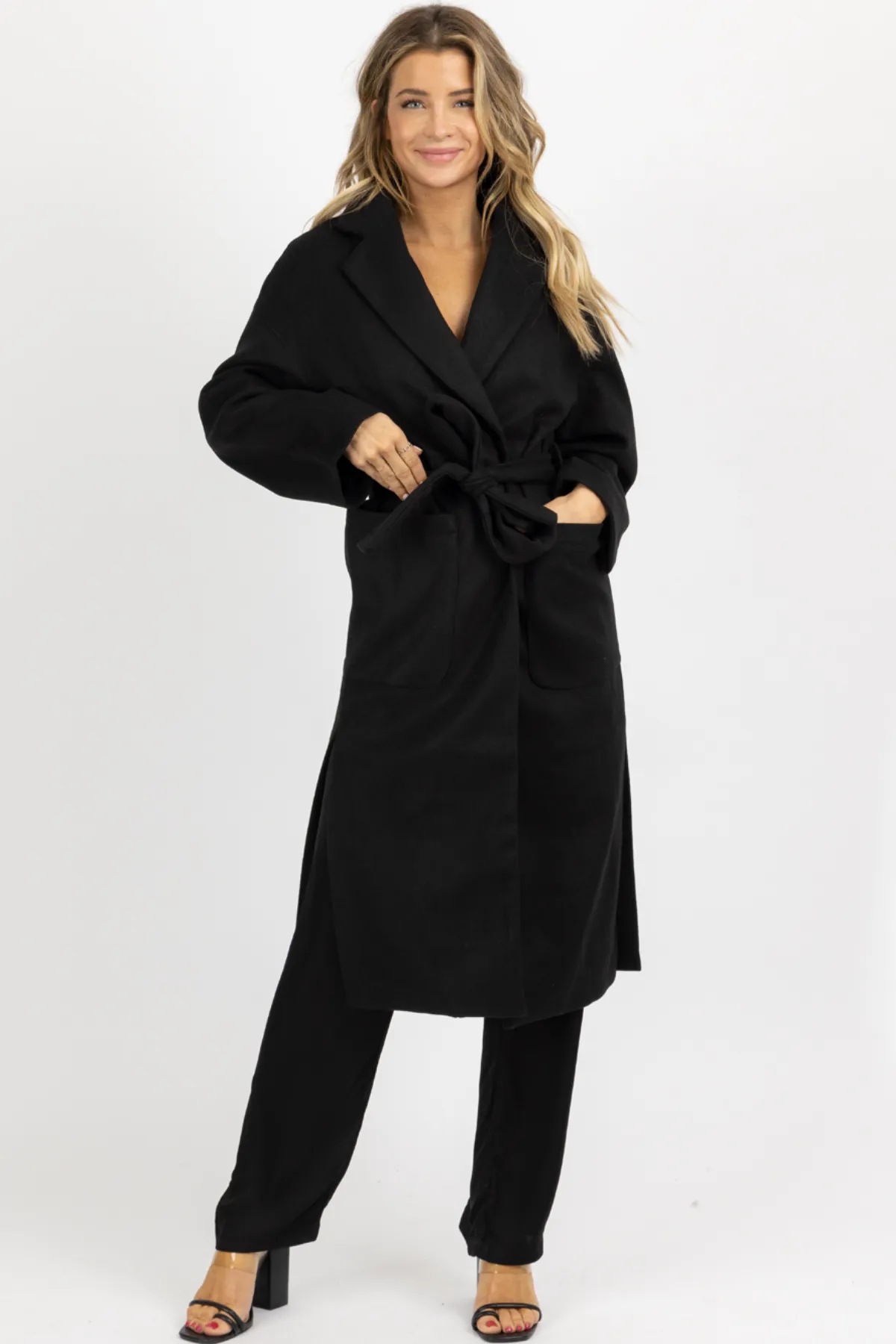 BLACK OVERSIZE BELTED TRENCH COAT