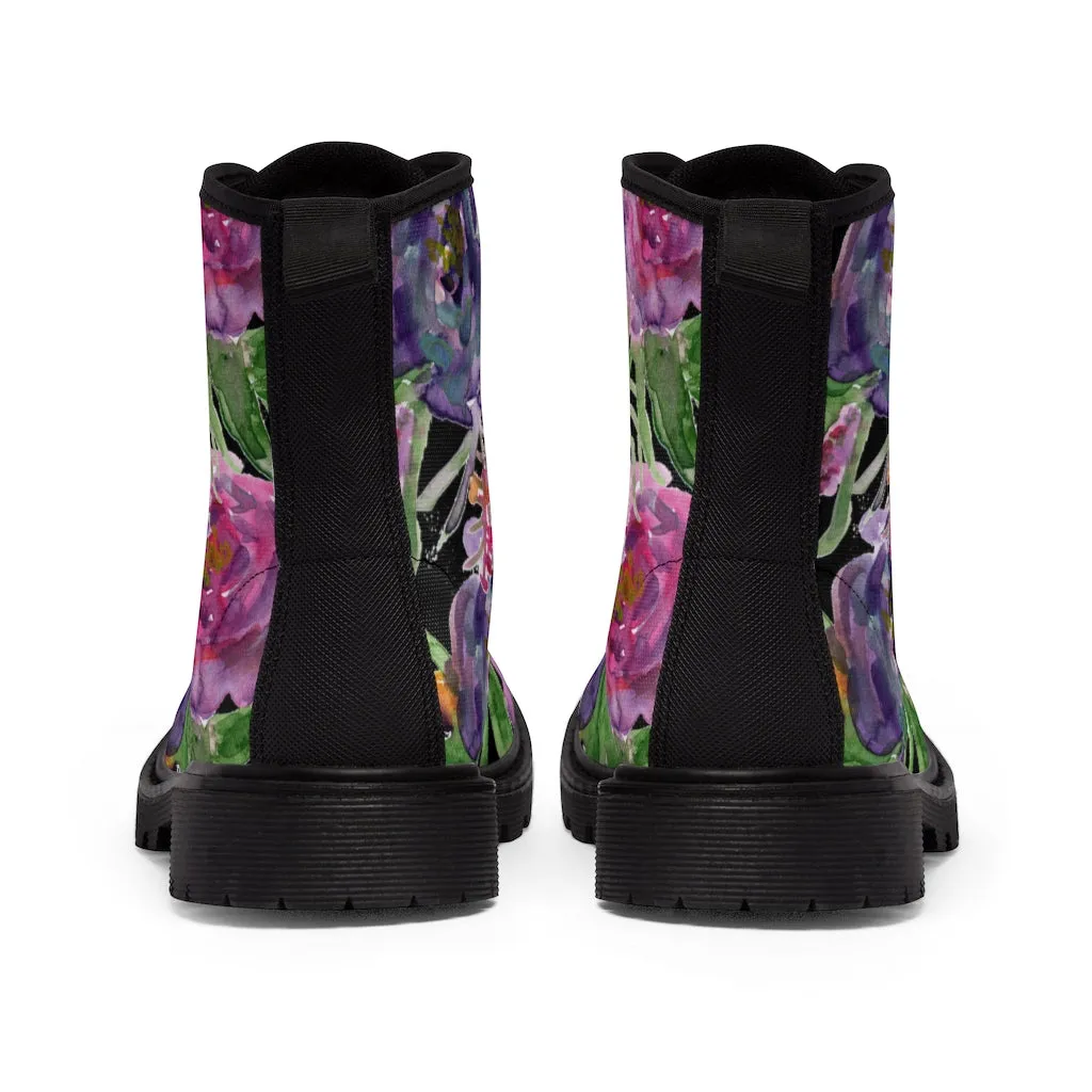 Black Pink Rose Women's Boots, Mixed Floral Print Designer Premium Winter Boots For Women