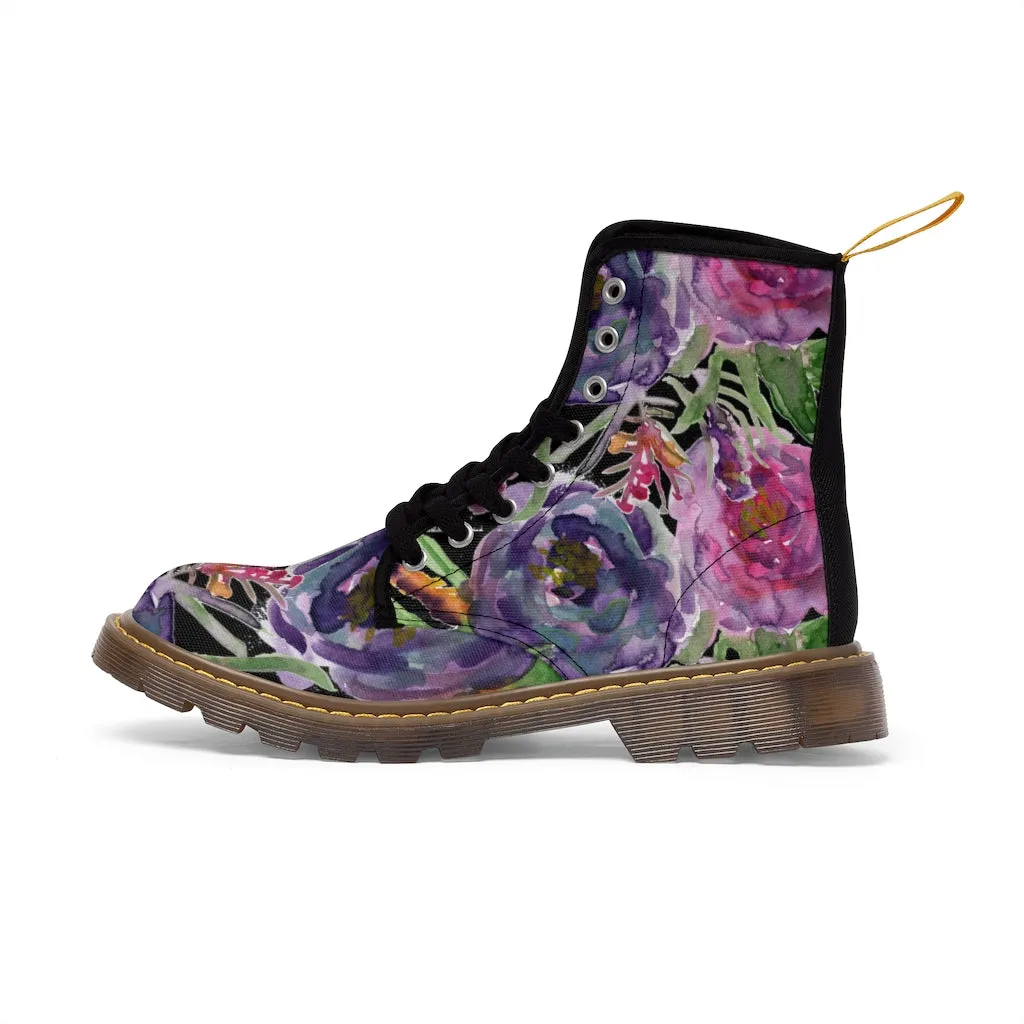 Black Pink Rose Women's Boots, Mixed Floral Print Designer Premium Winter Boots For Women