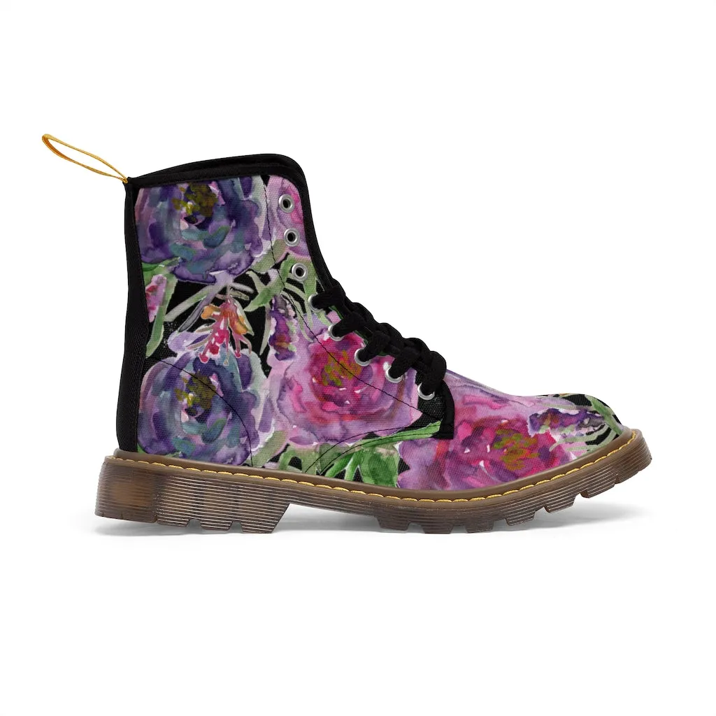 Black Pink Rose Women's Boots, Mixed Floral Print Designer Premium Winter Boots For Women