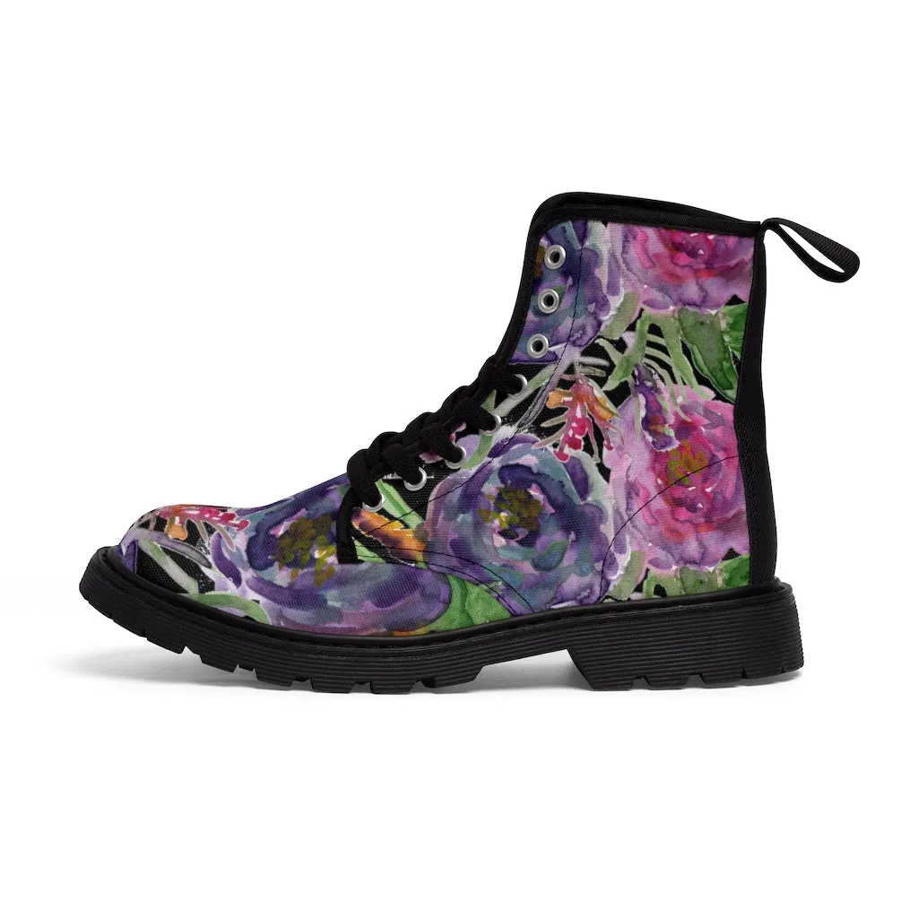 Black Pink Rose Women's Boots, Mixed Floral Print Designer Premium Winter Boots For Women