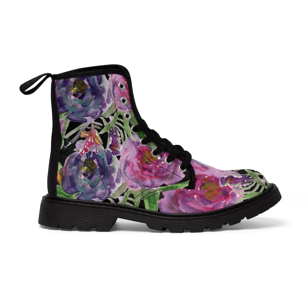 Black Pink Rose Women's Boots, Mixed Floral Print Designer Premium Winter Boots For Women