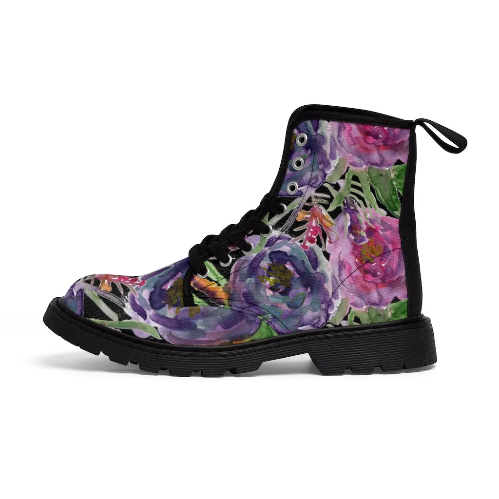 Black Pink Rose Women's Boots, Mixed Floral Print Designer Premium Winter Boots For Women