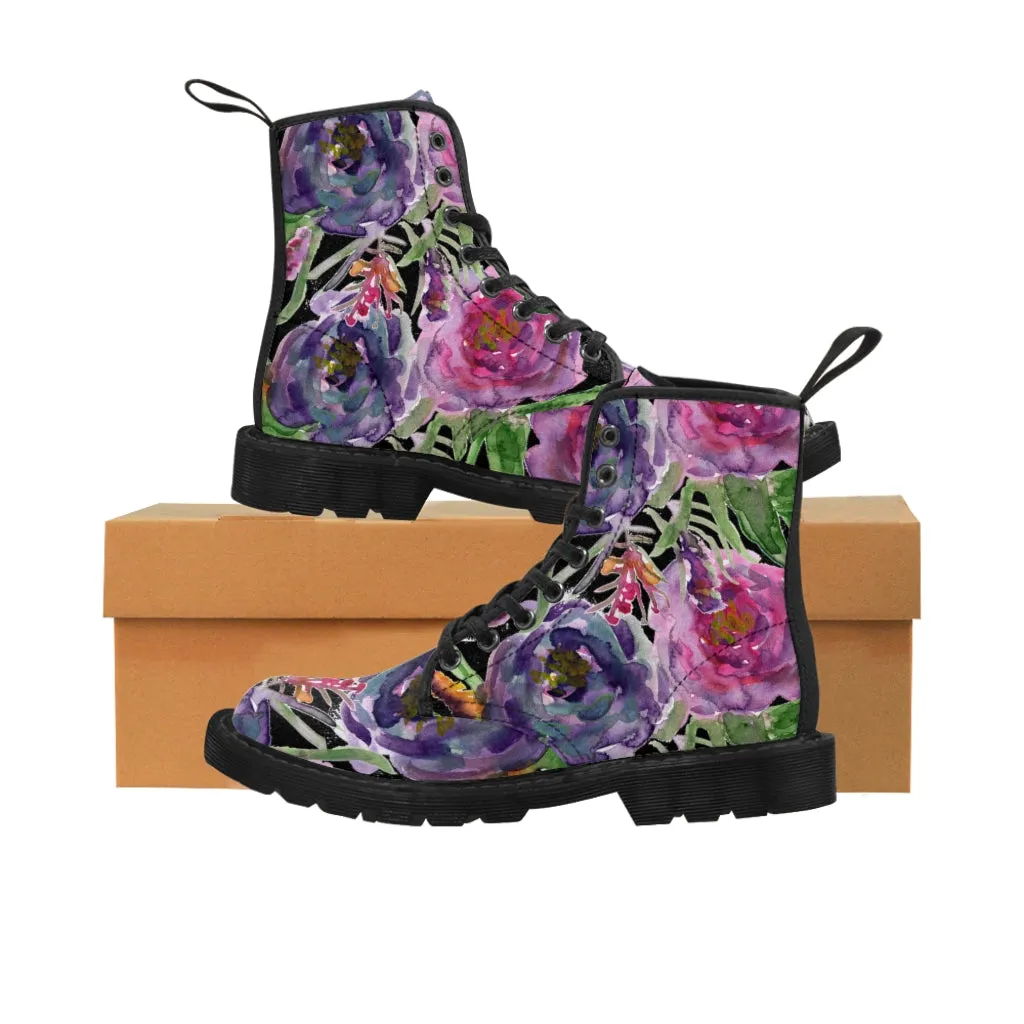 Black Pink Rose Women's Boots, Mixed Floral Print Designer Premium Winter Boots For Women