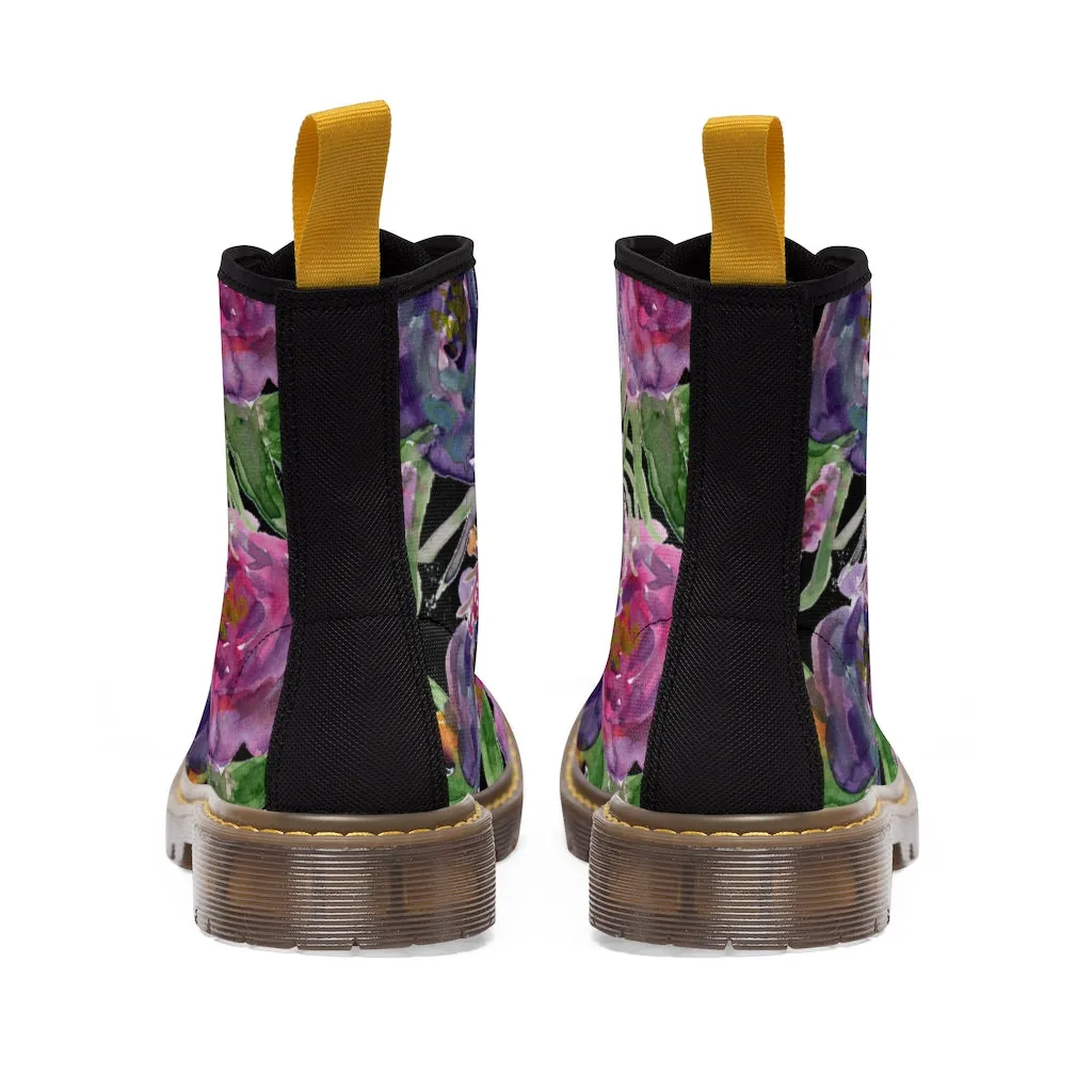 Black Pink Rose Women's Boots, Mixed Floral Print Designer Premium Winter Boots For Women