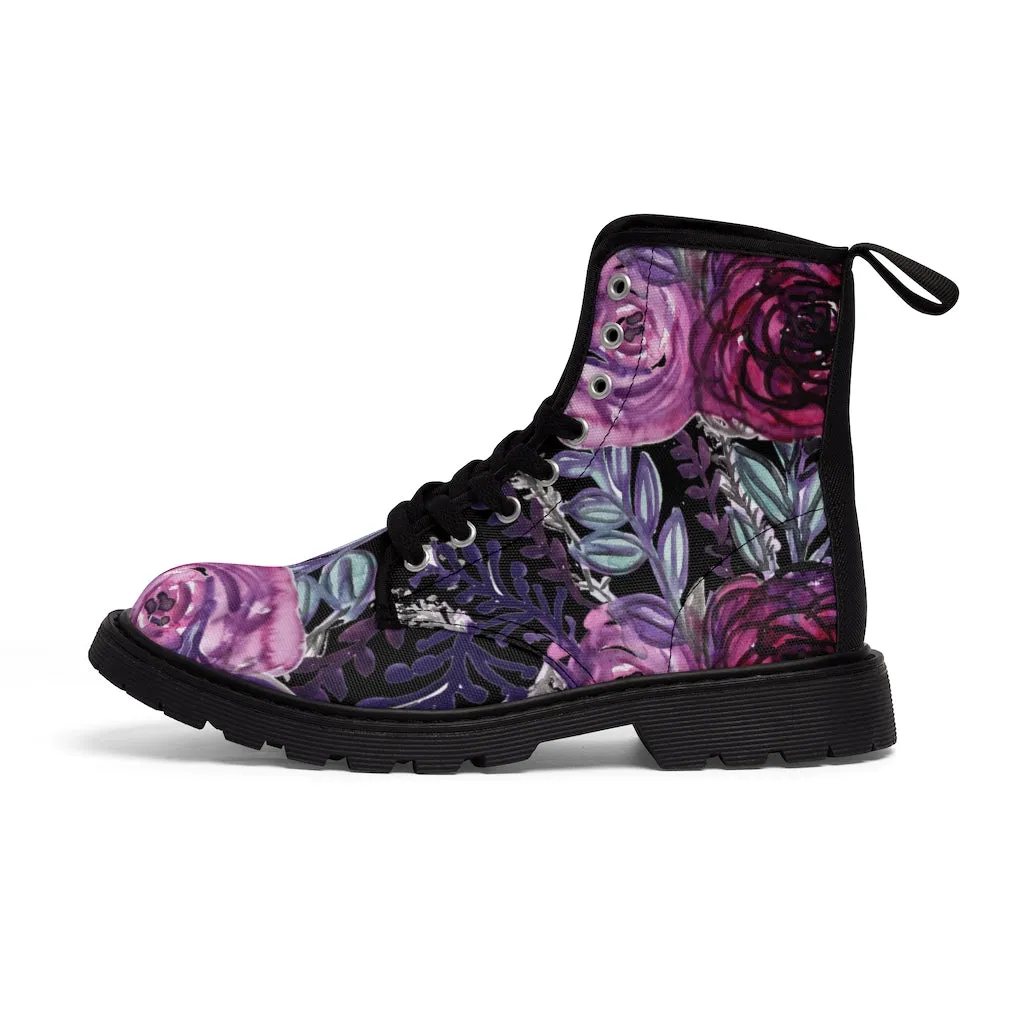 Black Purple Rose Women's Boots, Floral Print Spring Style Winter Combat Lace-up Boots For Ladies