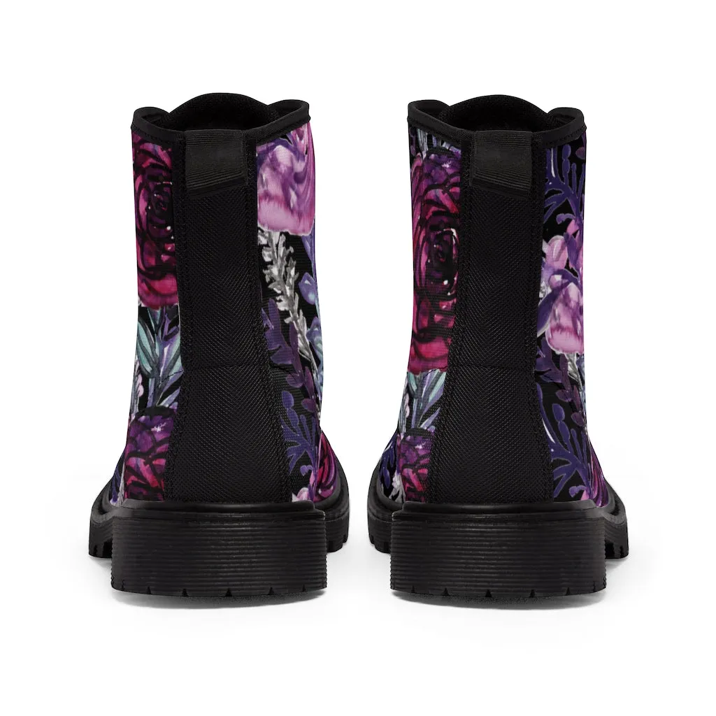 Black Purple Rose Women's Boots, Floral Print Spring Style Winter Combat Lace-up Boots For Ladies