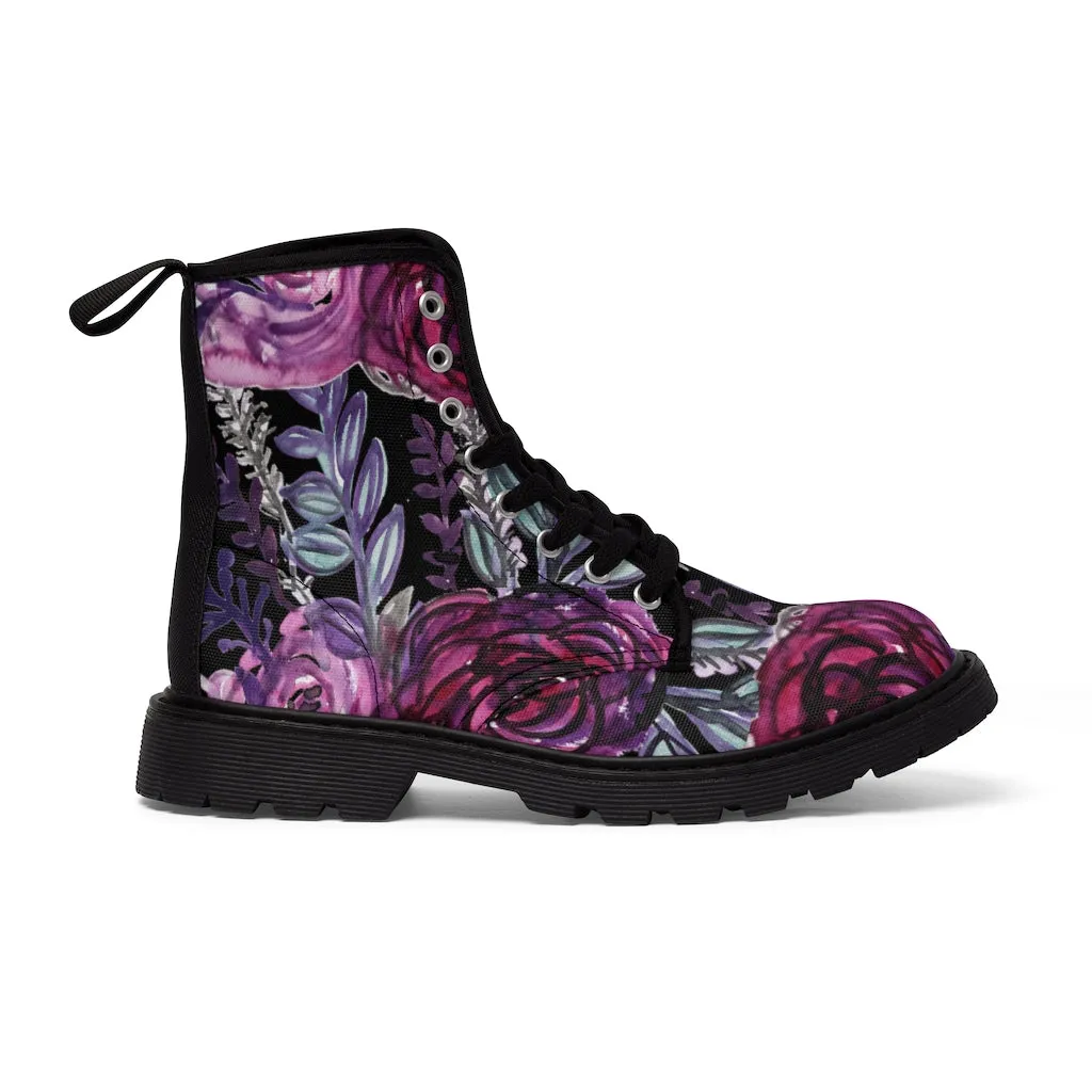 Black Purple Rose Women's Boots, Floral Print Spring Style Winter Combat Lace-up Boots For Ladies