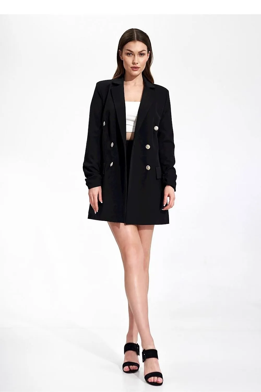 Chic Longline Double-Breasted Jacket with Distinctive Sleeve Accents