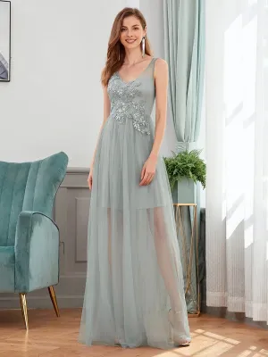 Classy V-neck Tulle See-through Evening Dresses