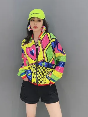 Colourful Shiny Sequin Pattern Print Loose Front Zipper Jacket