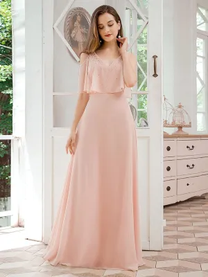 Dainty Short Ruffles Sleeves V-neck Chiffon Evening Dresses