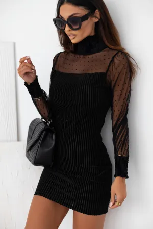 Dotted Mesh Striped Bubble Sleeve Dress