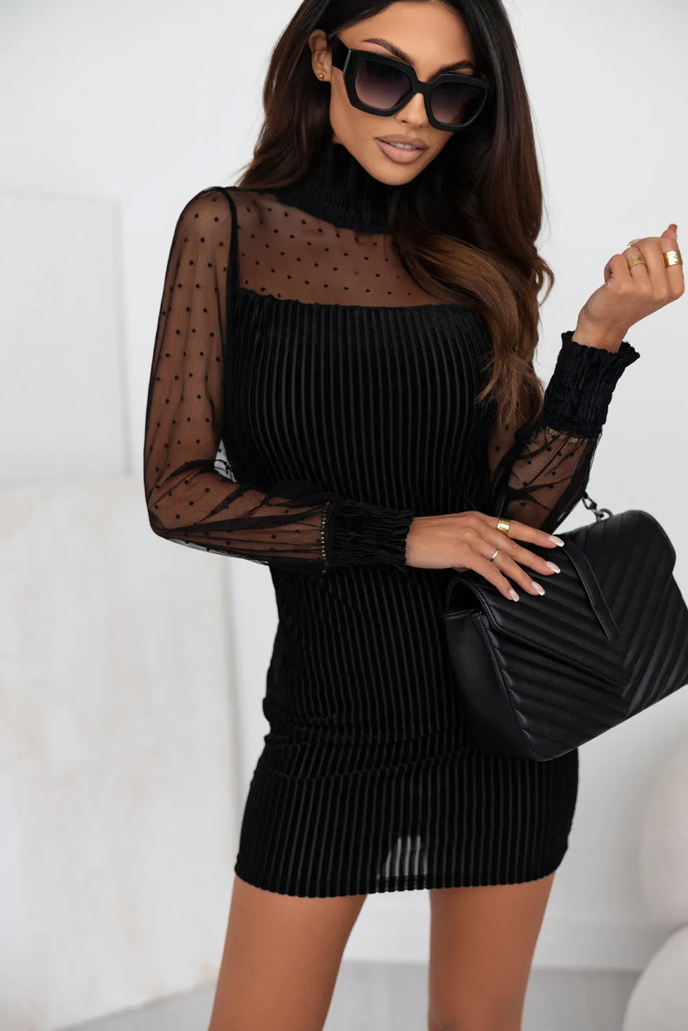 Dotted Mesh Striped Bubble Sleeve Dress