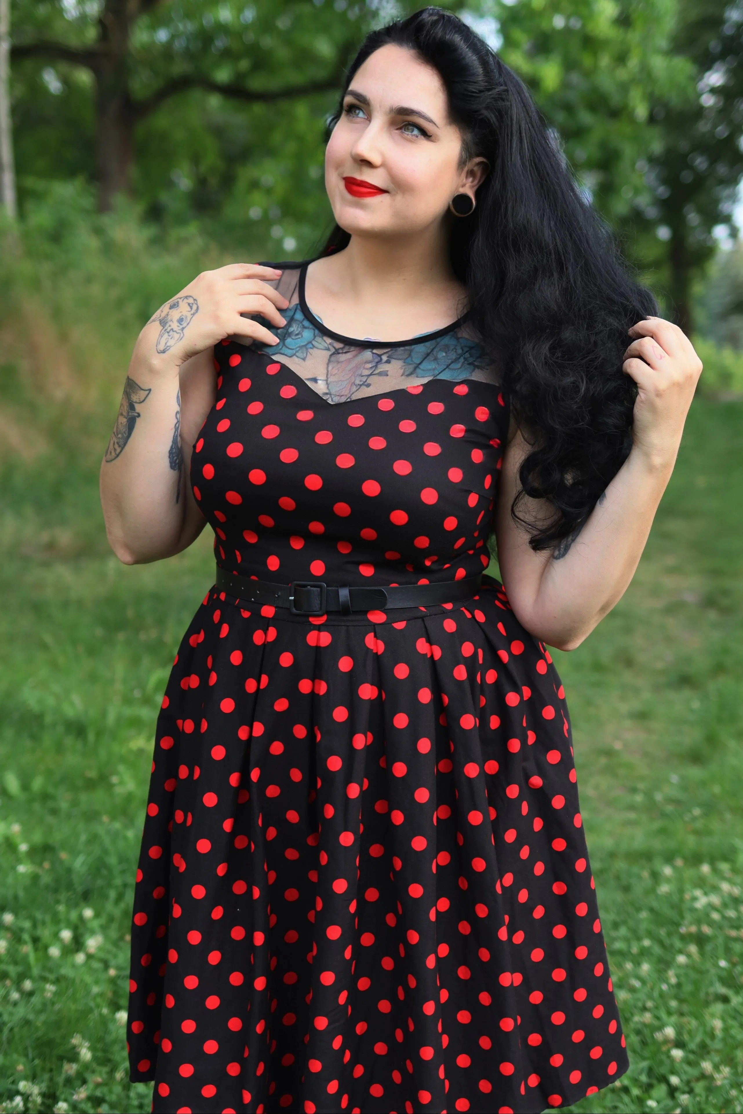 Elizabeth Tea Party Dress in Black/Red Polka Dot Print