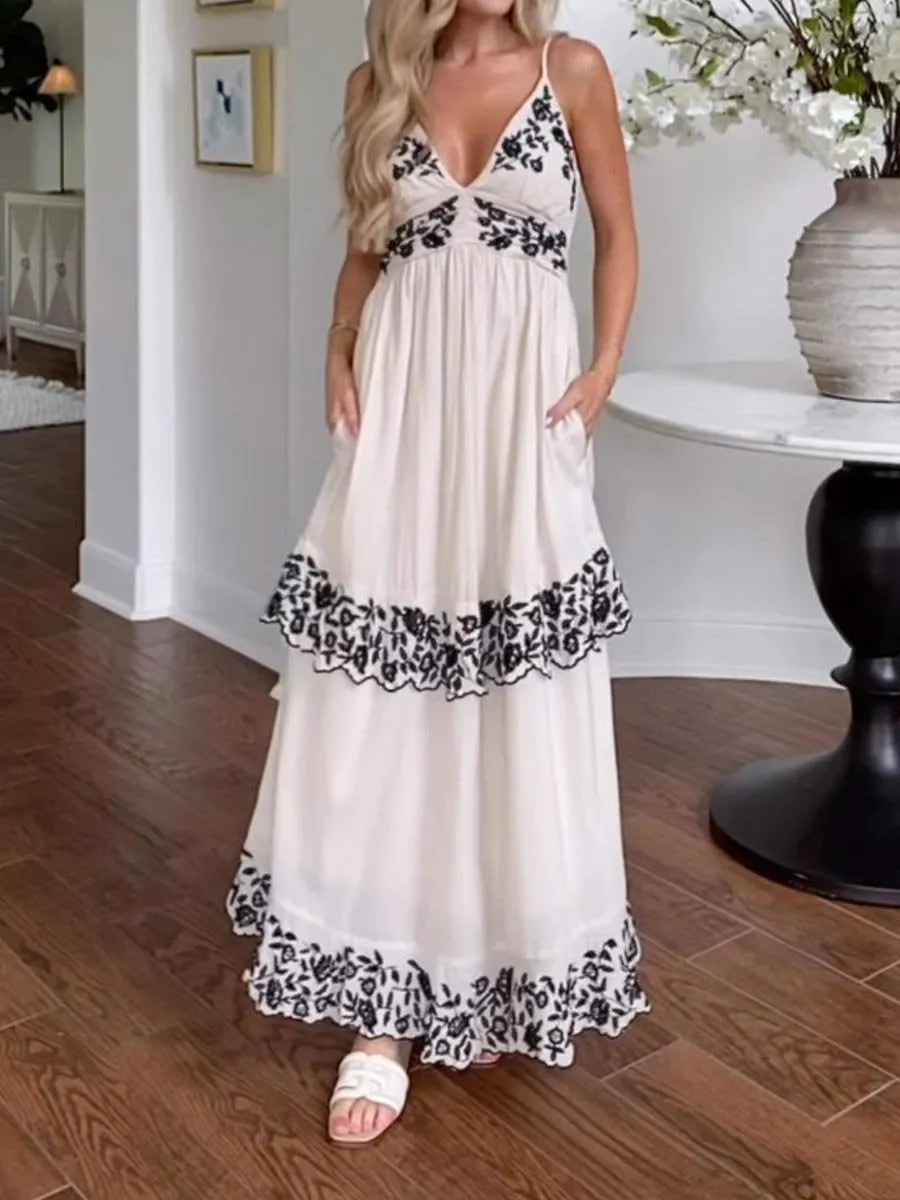 Embroidered Tiered Sling Dress