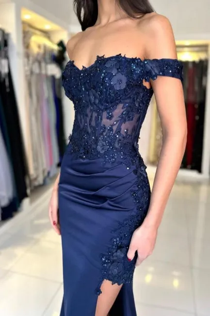 Fabulous Column Satin Lace Off-The-Shoulder Sleeveless Prom Dresses With Appliques Split Front