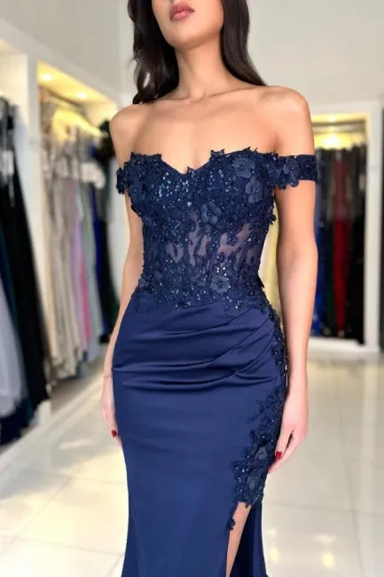 Fabulous Column Satin Lace Off-The-Shoulder Sleeveless Prom Dresses With Appliques Split Front