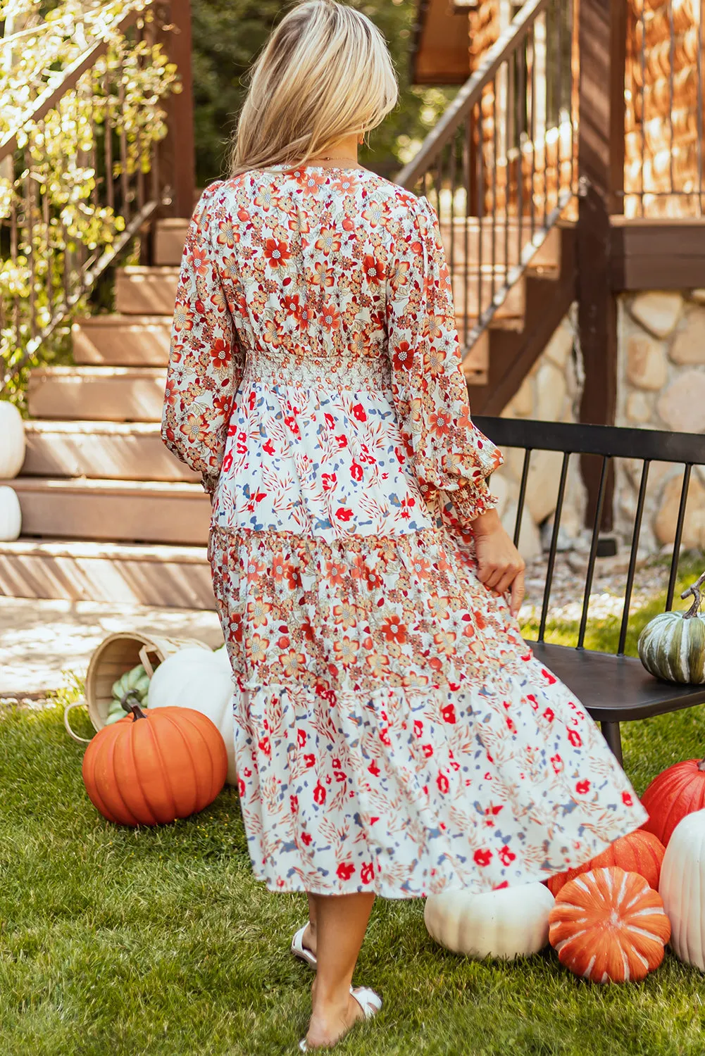 Floral Print Ruffled Long Sleeve Midi Dress