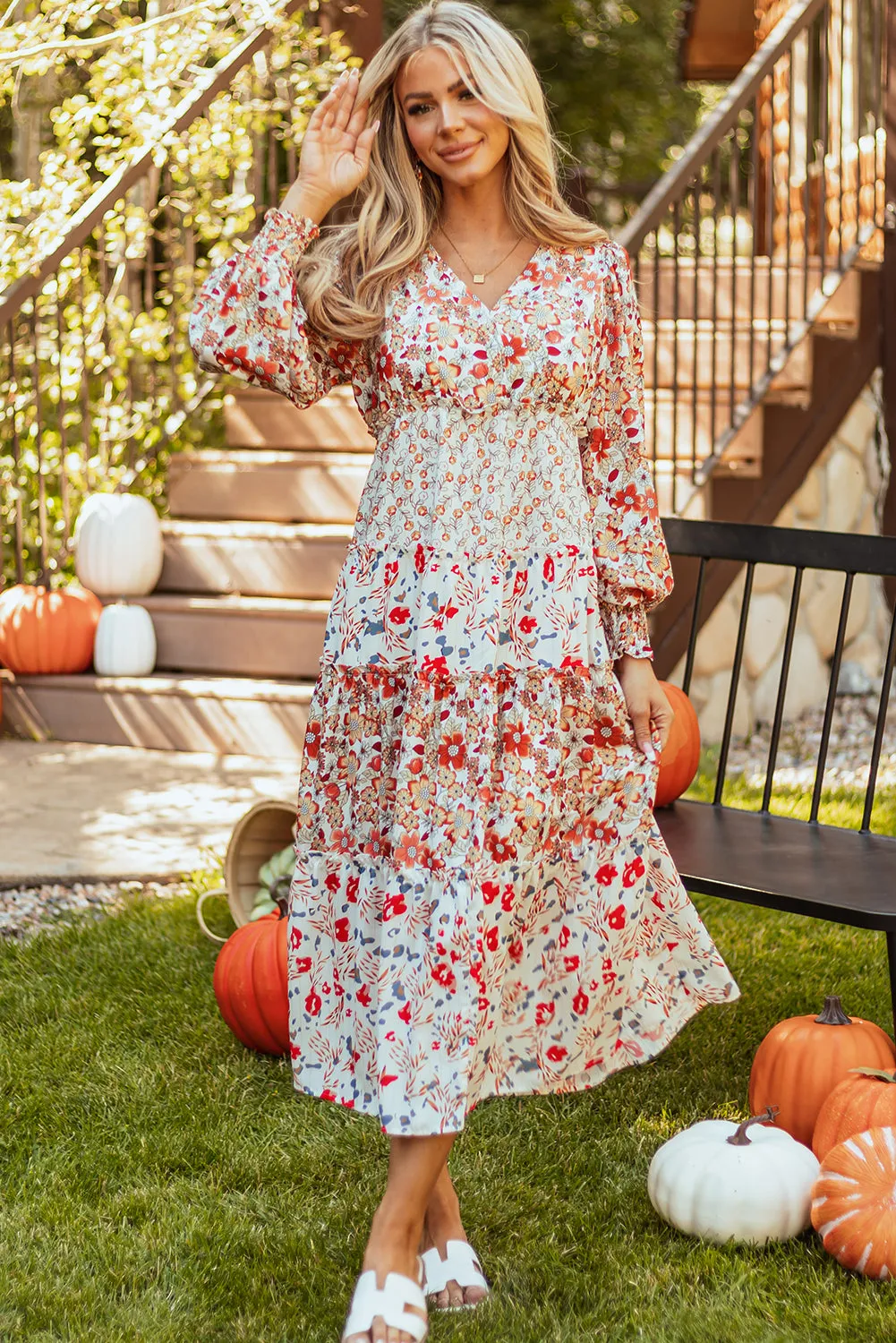 Floral Print Ruffled Long Sleeve Midi Dress