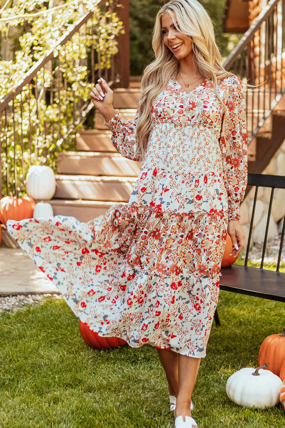 Floral Print Ruffled Long Sleeve Midi Dress