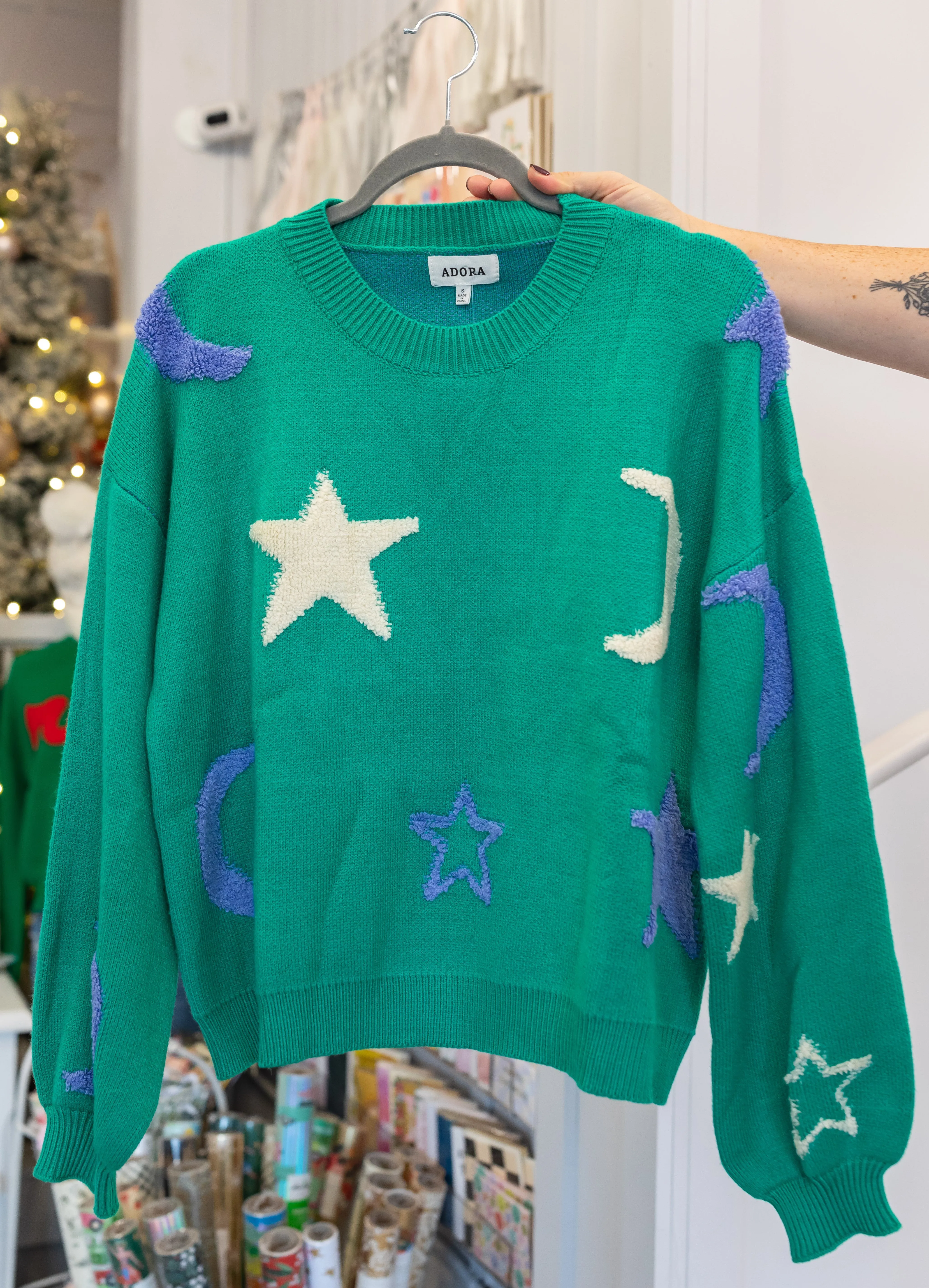 Green Drop Shoulder Moon & Star Sweater