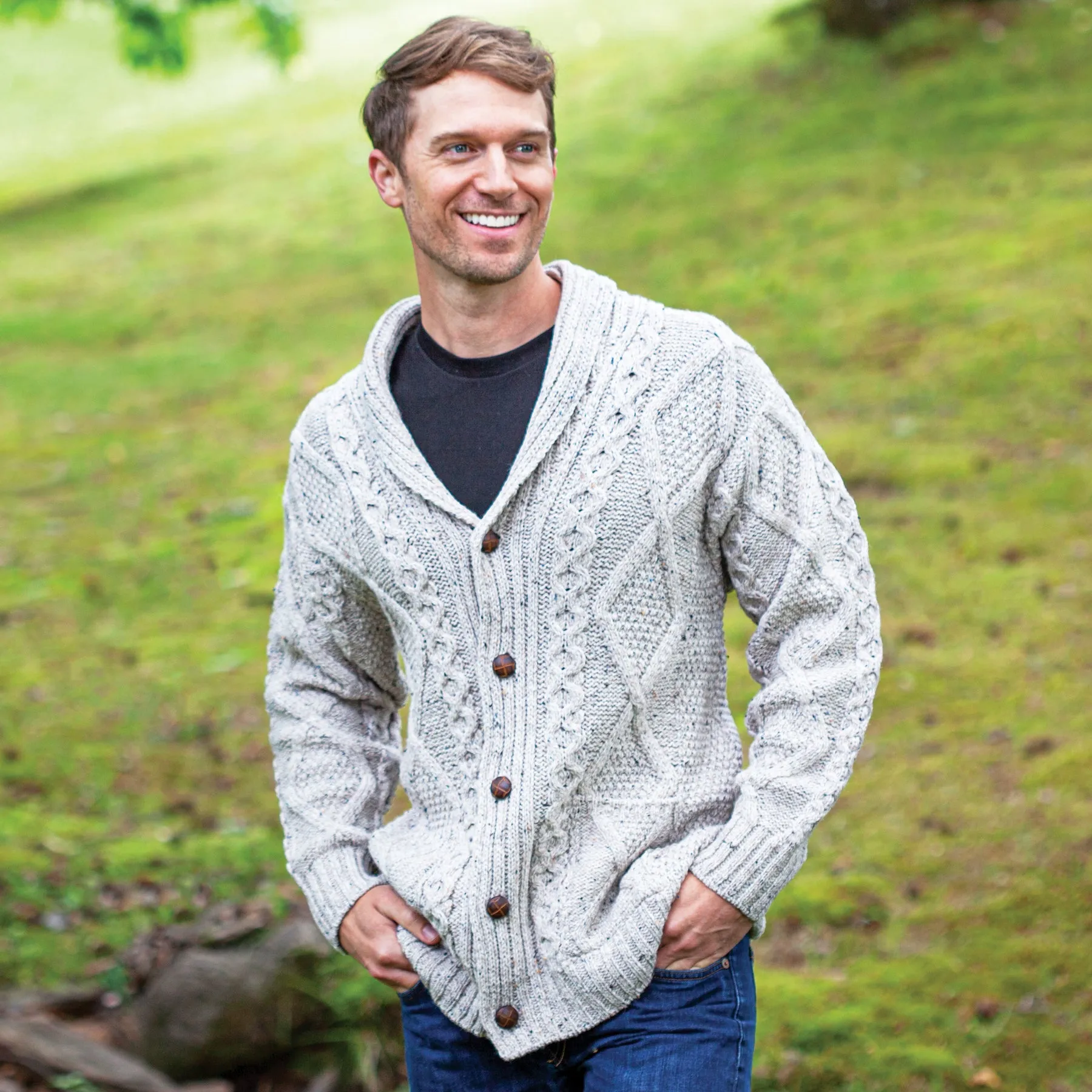 Men's Aran Wool Shawl Collar Cardigan - Oatmeal