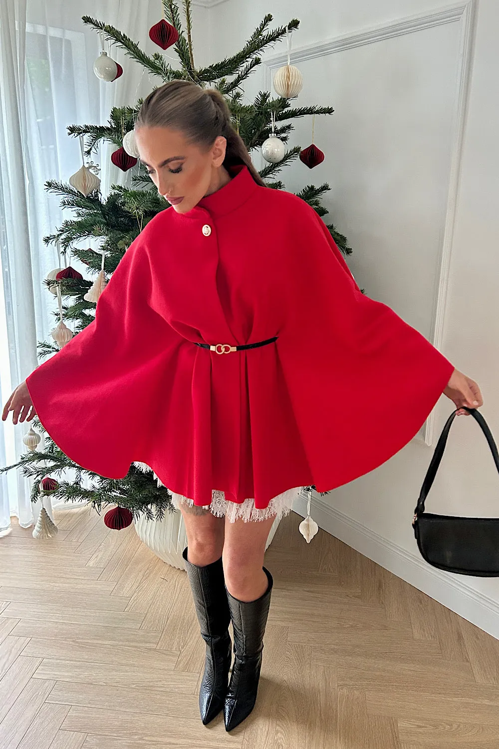 Naomi Red Belted Cape Coat