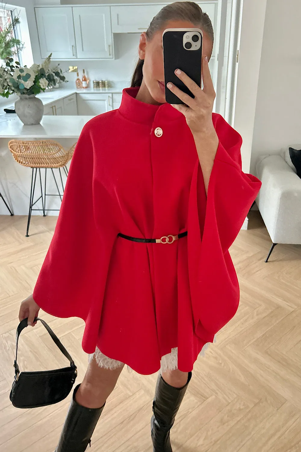 Naomi Red Belted Cape Coat