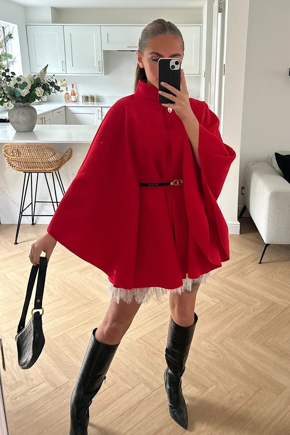 Naomi Red Belted Cape Coat