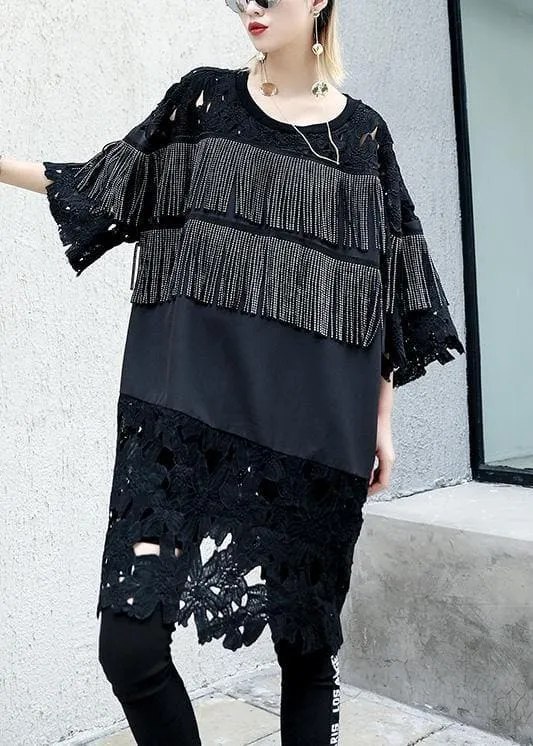 Natural black patchwork Cotton dresses tassel A Line summer Dresses