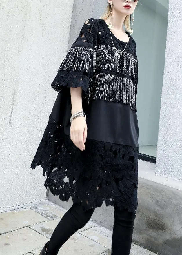 Natural black patchwork Cotton dresses tassel A Line summer Dresses