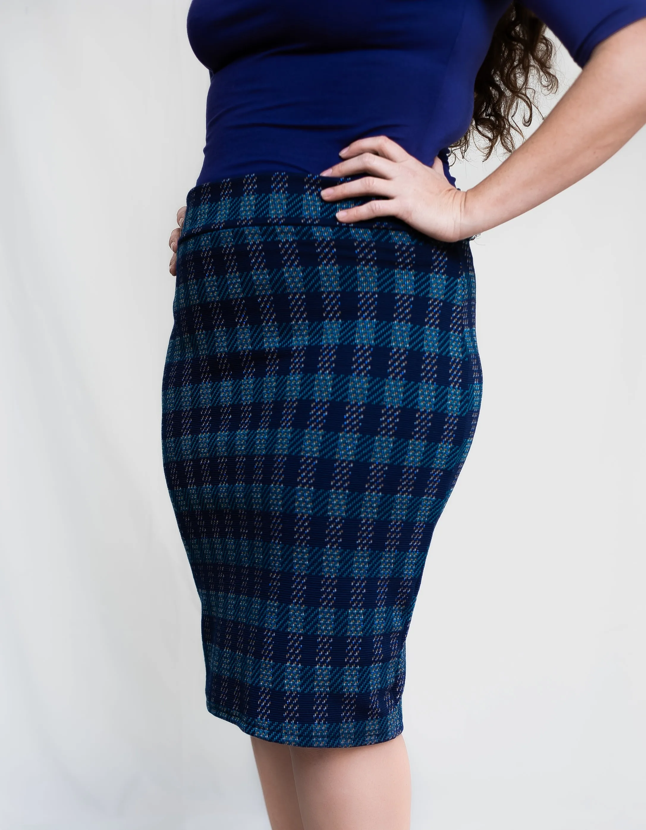 Navy Blue Plaid Pencil Skirt