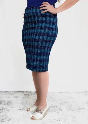 Navy Blue Plaid Pencil Skirt