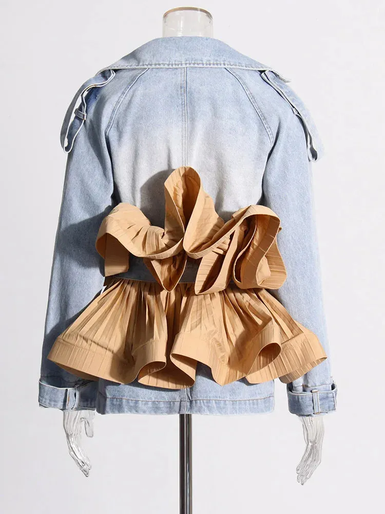 Patchwork Ruffles Spliced Belt Denim Jacket