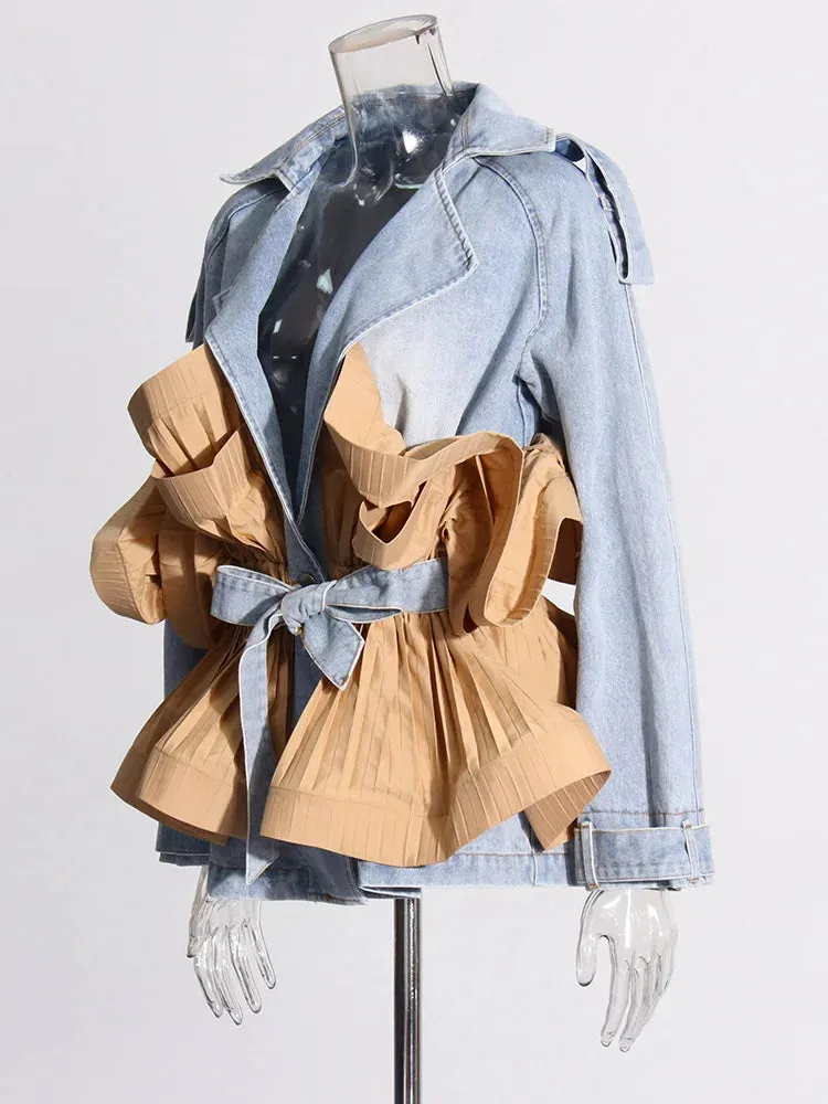 Patchwork Ruffles Spliced Belt Denim Jacket