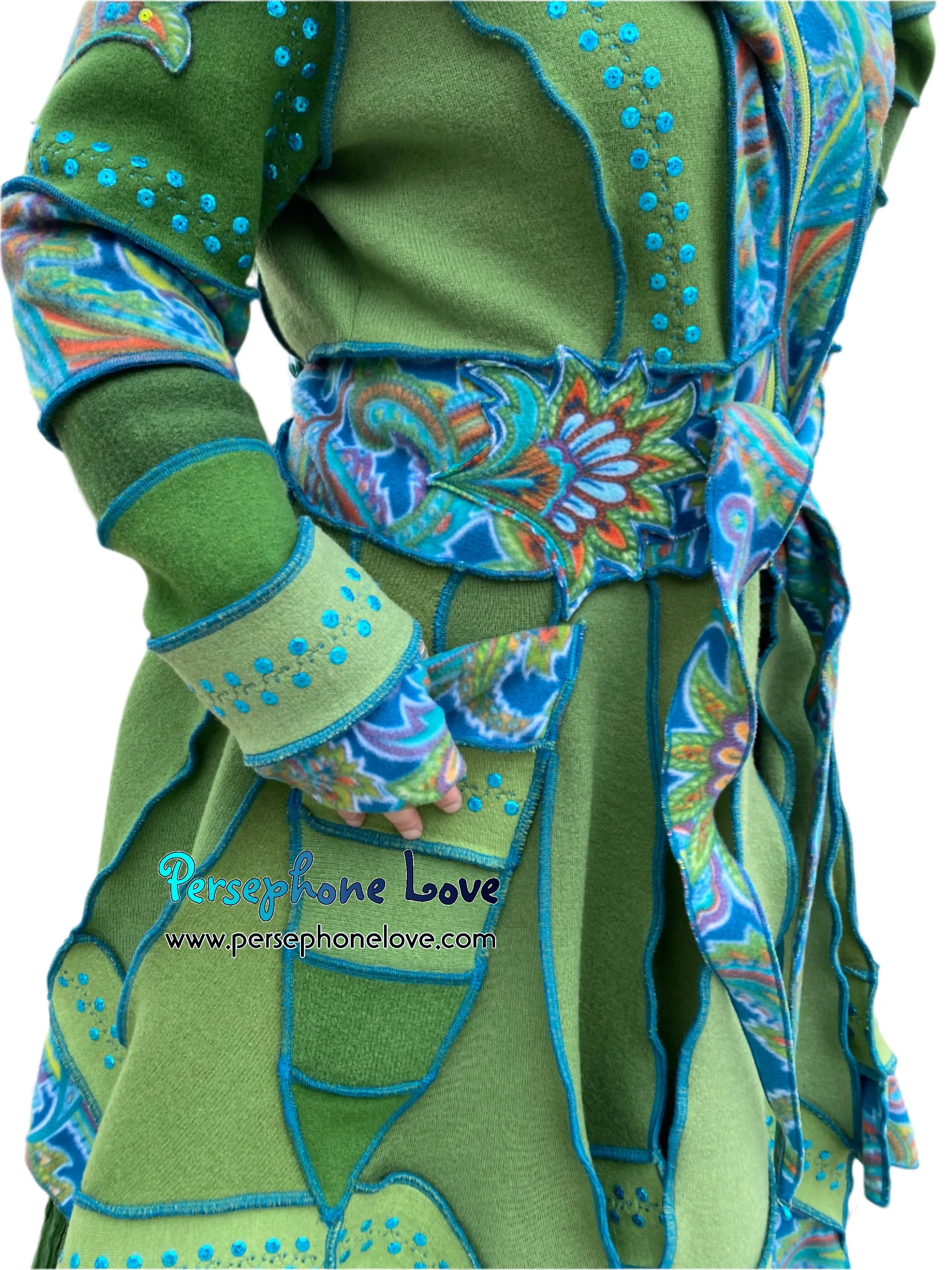 "Beautiful Things" Green elf machine-felted wool/cashmere Katwise-inspired patchwork sweatercoat-2584