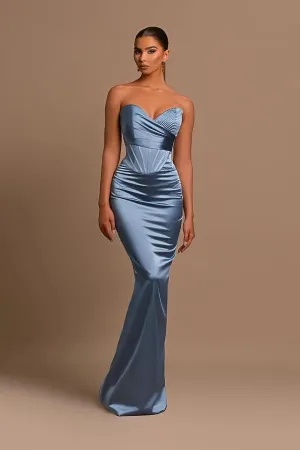 Sweetheart Long Mermaid Dusty Blue Satin Prom Dress