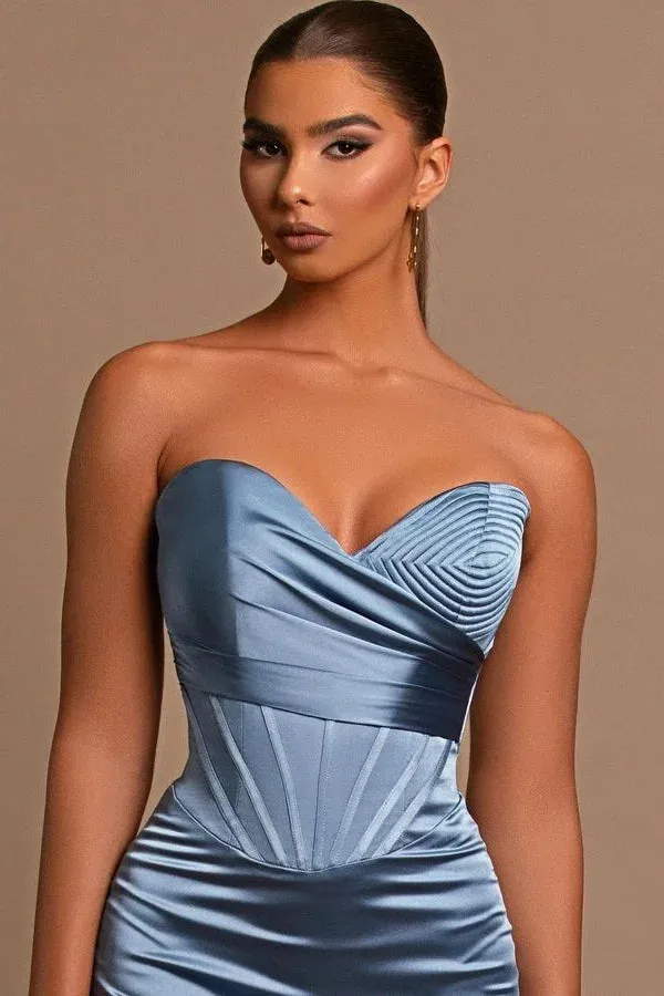 Sweetheart Long Mermaid Dusty Blue Satin Prom Dress