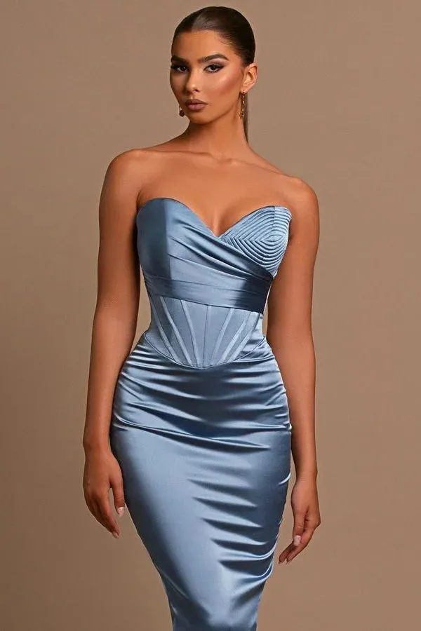 Sweetheart Long Mermaid Dusty Blue Satin Prom Dress