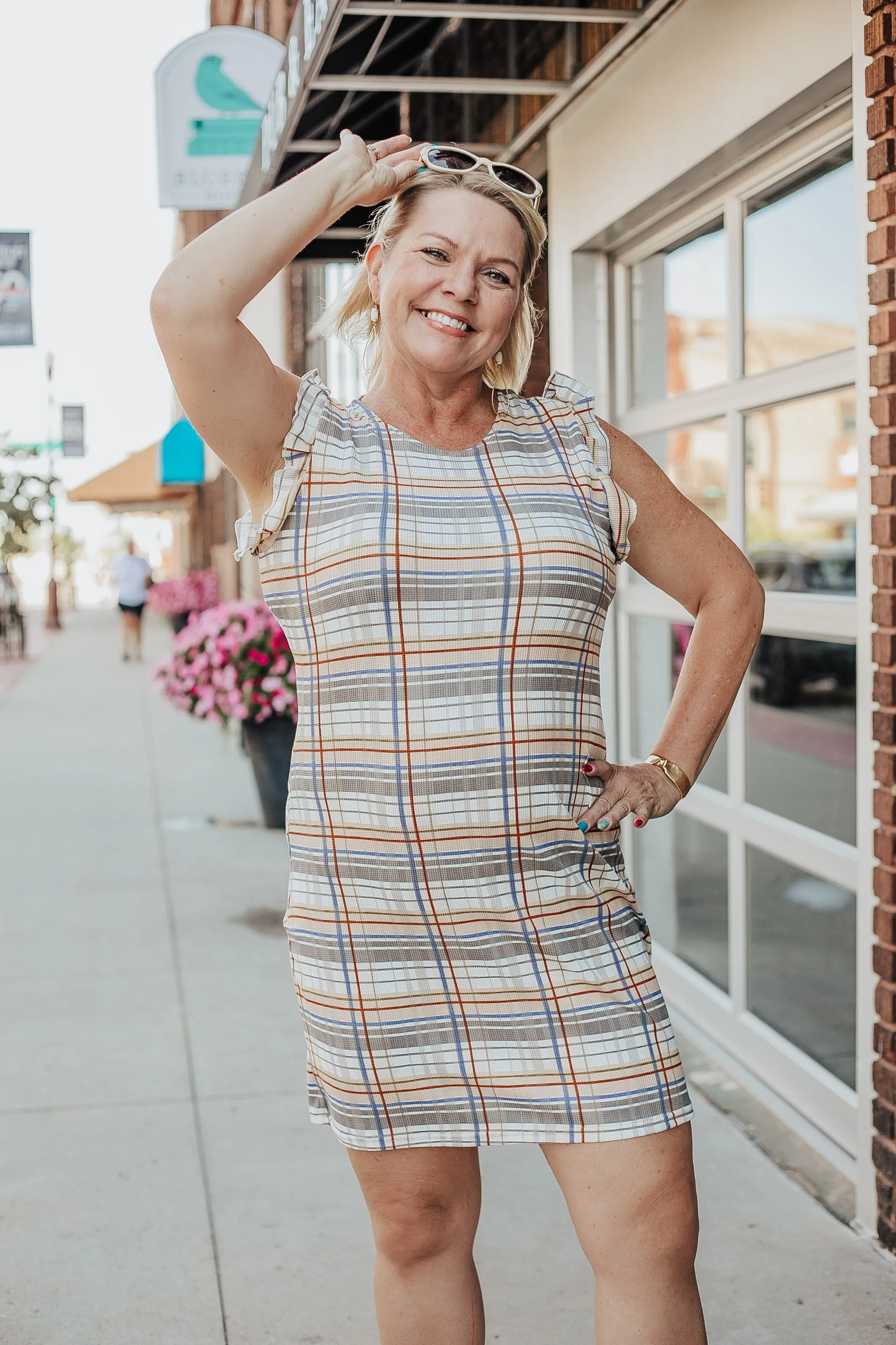 Tan Waffle Knit Dress with Flutter Sleeve