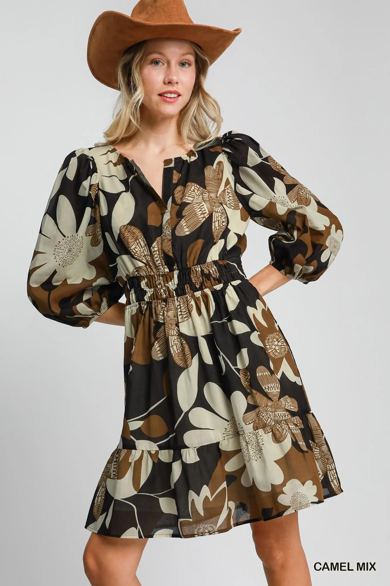 Tobacco, Black & Cream Long Sleeve Dress