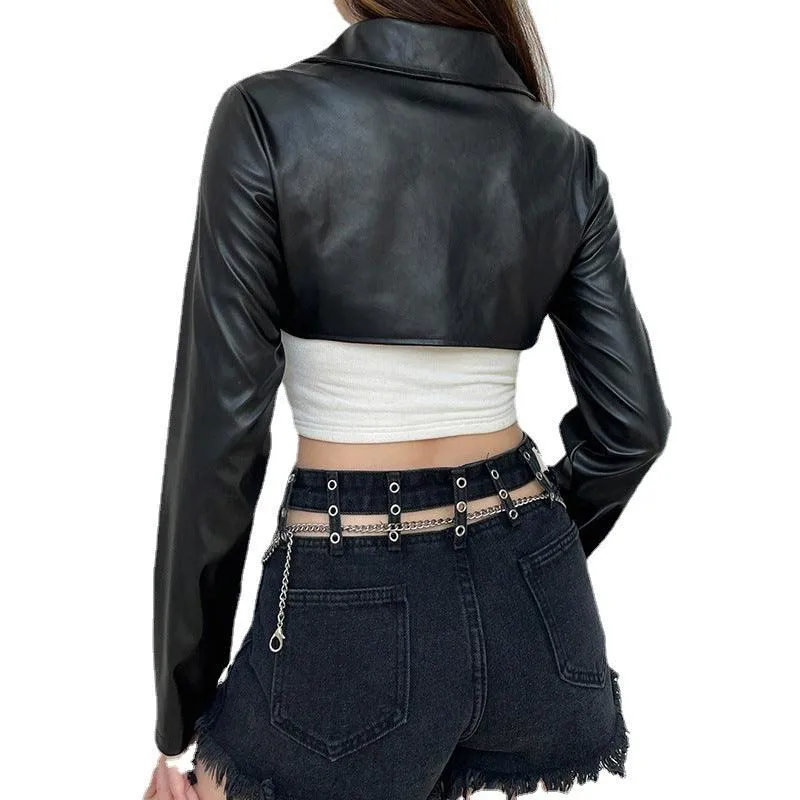 Ultra Short motorcycle style PU leather jacket