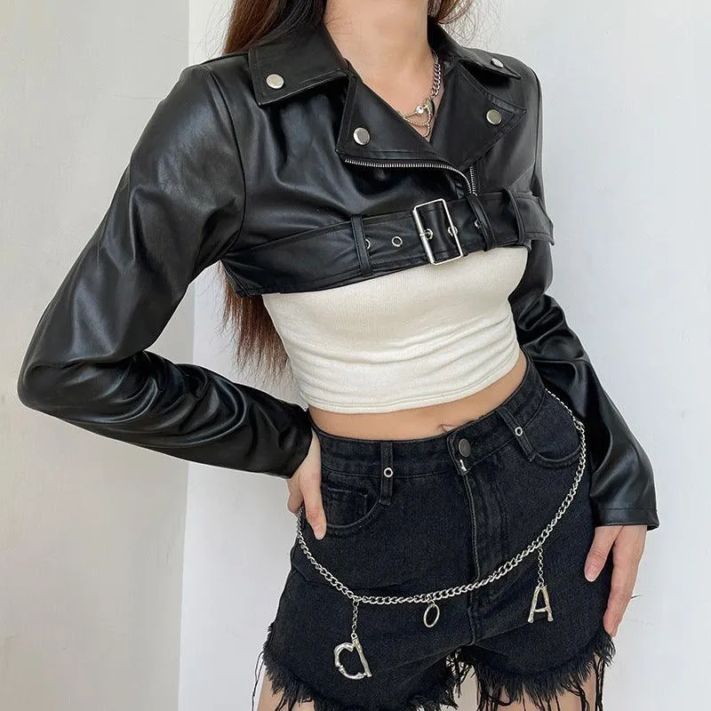 Ultra Short motorcycle style PU leather jacket