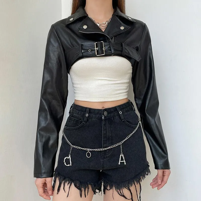 Ultra Short motorcycle style PU leather jacket